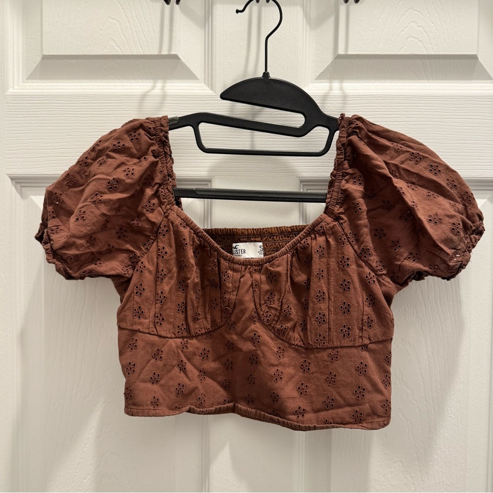 Hollister Brown Eyelet Puff Sleeve Crop Top Size Small